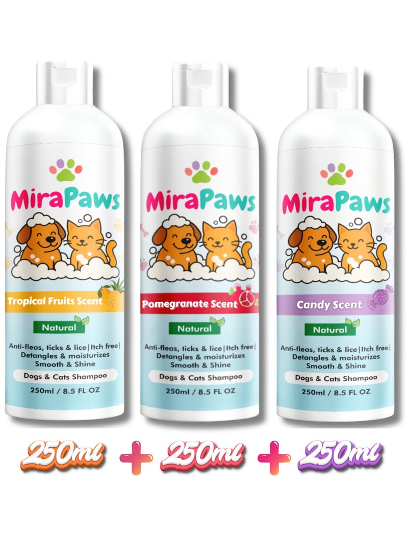 MiraPaws Tropical Fruits Scent 250ml + Pomegranate Sent 250ml + Candy Sent 250ml (Pack. of 3) - Image 1